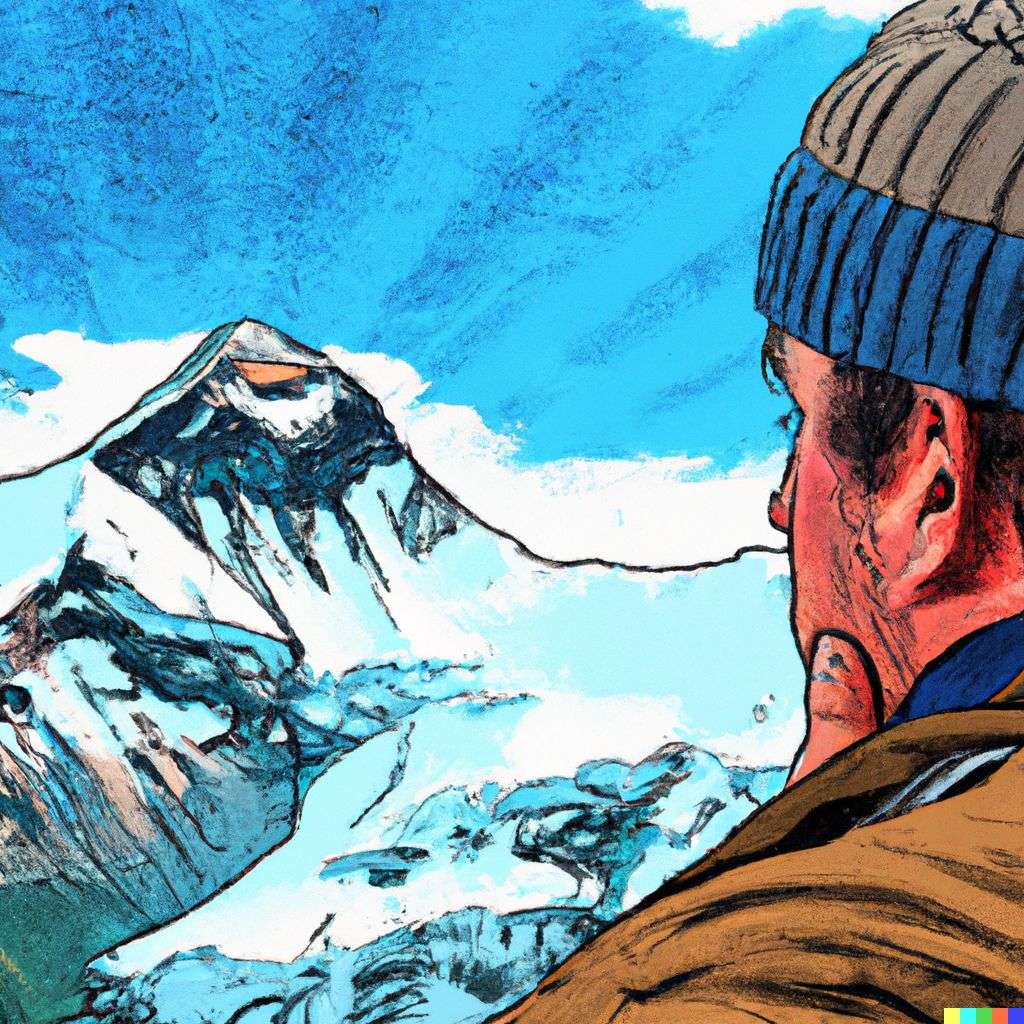 someone gazing at Mount Everest, comic book illustration, realism style